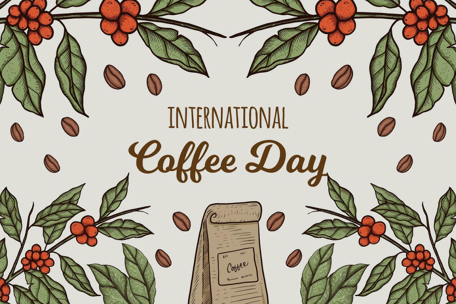 Internationale koffie dag achtergrond illustratie met boom van koffie, en een pak van koffie vector