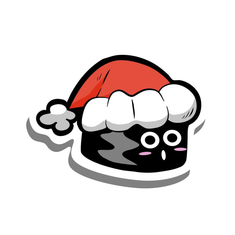 schattig tekenfilm maki sushi met Kerstmis rood hoed Aan wit silhouet en grijs schaduw. vector illustratie over vakantie.