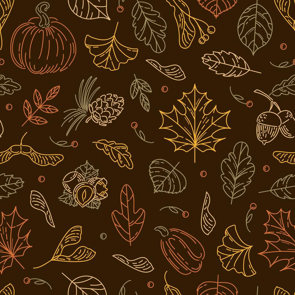 Hallo, herfst. naadloos patroon van noten en zaden. eikels met bladeren, ceder ijshoorntje, linde zaden, hazelnoten, esdoorn- koraalduivel zaden. tekening stijl. behang, het drukken Aan kleding stof, inpakken, achtergrond vector