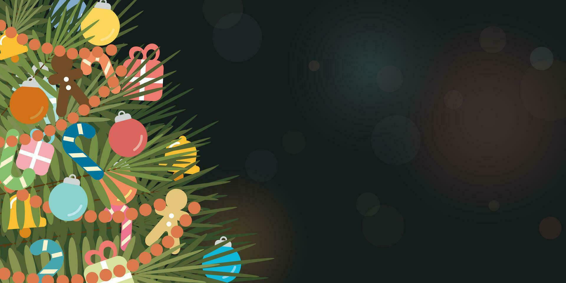 versierd Kerstmis boom Aan wazig achtergrond vlak ontwerp vector illustratie. vrolijk Kerstmis en gelukkig nieuw jaar groet kaart sjabloon hebben blanco ruimte.