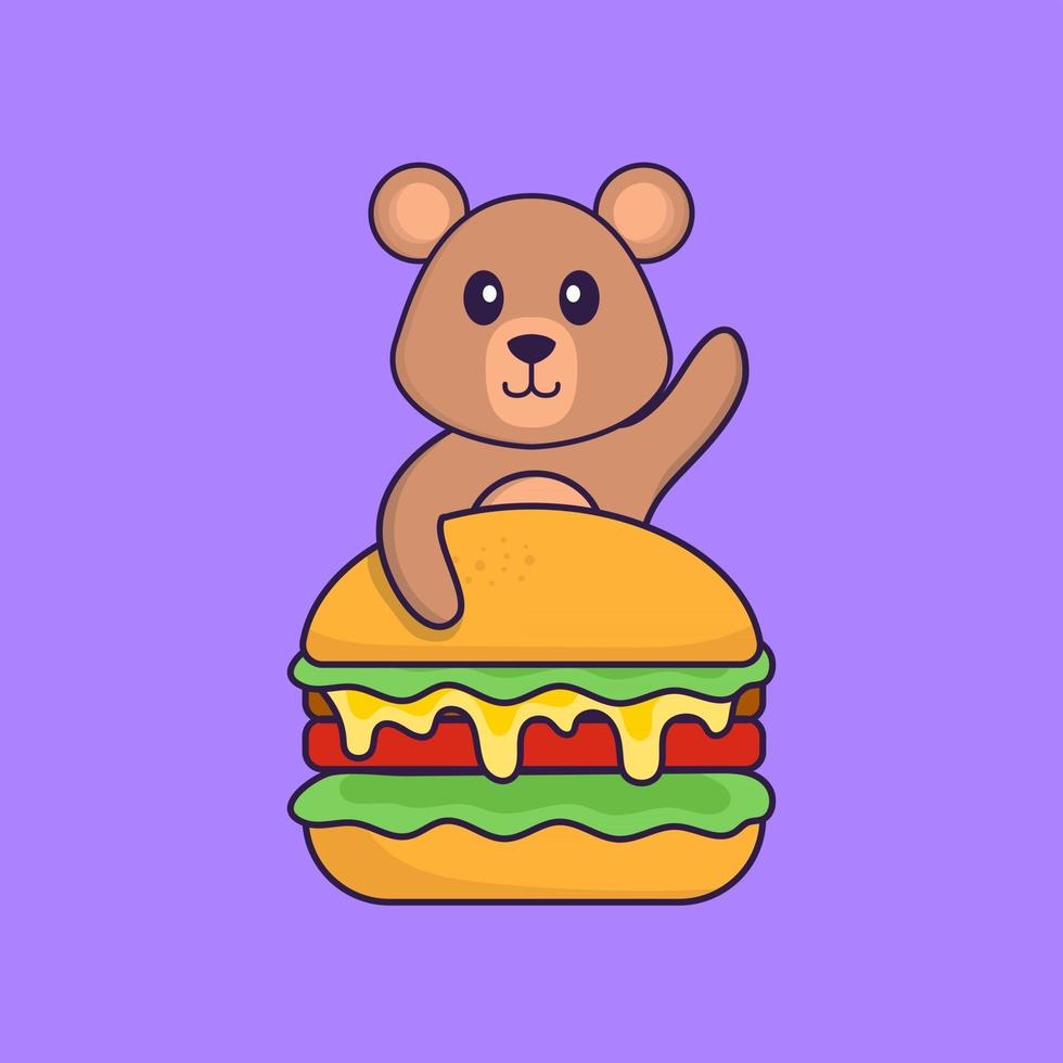 schattige rat die hamburger eet. dierlijk beeldverhaalconcept geïsoleerd. kan worden gebruikt voor t-shirt, wenskaart, uitnodigingskaart of mascotte. platte cartoonstijl vector