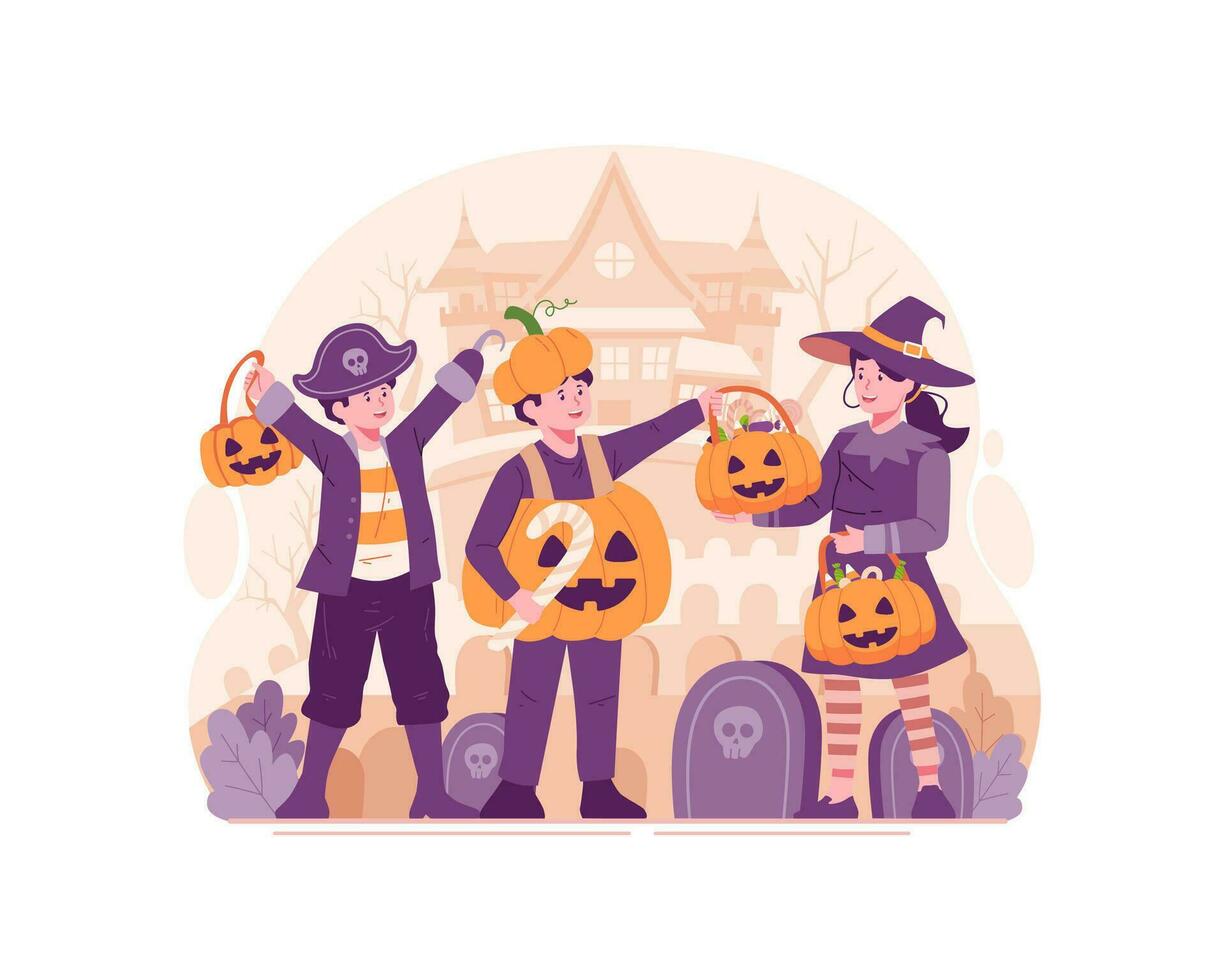 gelukkig schattig kinderen gekleed in halloween kostuums. pompoen vermomming, heks, en piraat. truc of traktatie concept vector