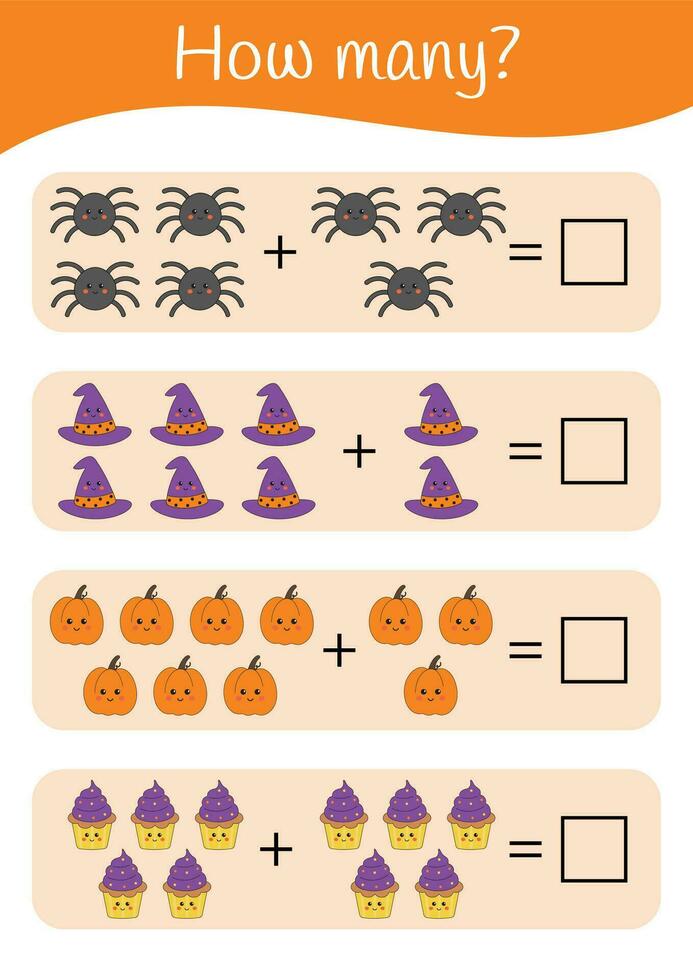 halloween afdrukbare leerzaam wiskunde werkblad. wiskundig activiteiten voor kinderen. leerzaam spellen voor peuter- kleuterschool. aan het leren wiskunde Pagina's. halloween leraar bronnen. tellen, toevoeging. vector