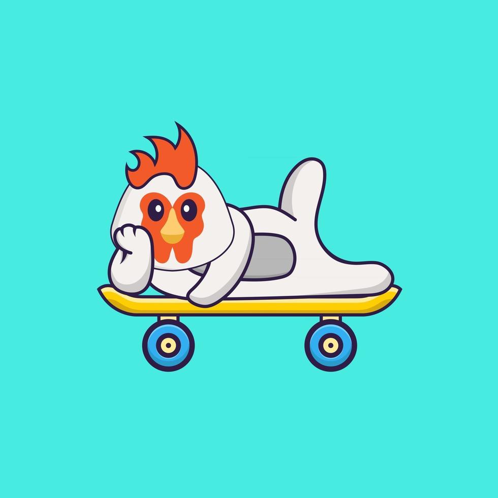 schattige kip liggend op een skateboard. dierlijk beeldverhaalconcept geïsoleerd. kan worden gebruikt voor t-shirt, wenskaart, uitnodigingskaart of mascotte. platte cartoonstijl vector
