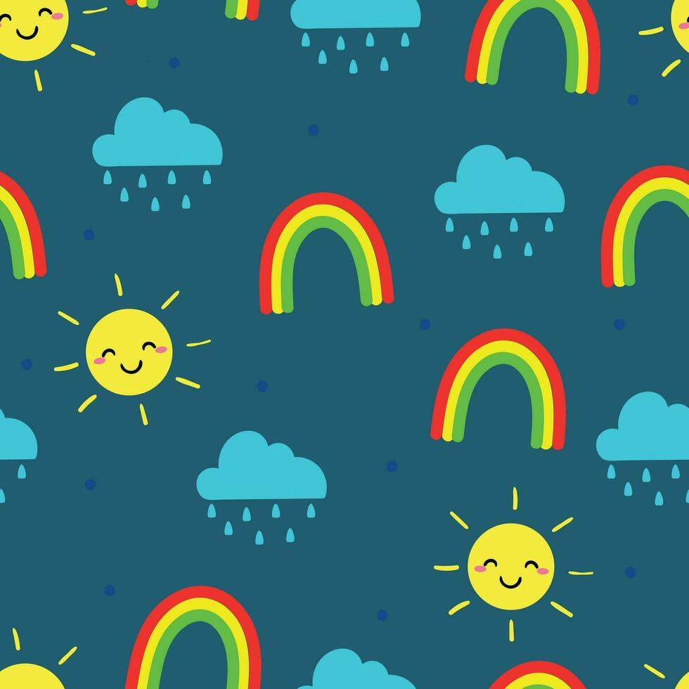 naadloos patroon van regen wolken, regenboog en zon voor kleding stof afdrukken, textiel, geschenk omhulsel papier. kleurrijk vector voor kinderen, vlak stijl