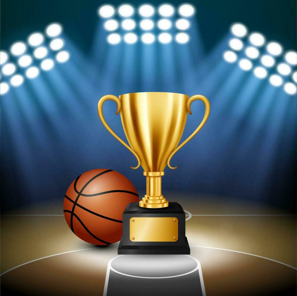 basketbal kampioenschap met gouden trofee en basketbal met verlichte schijnwerper, vector illustratie