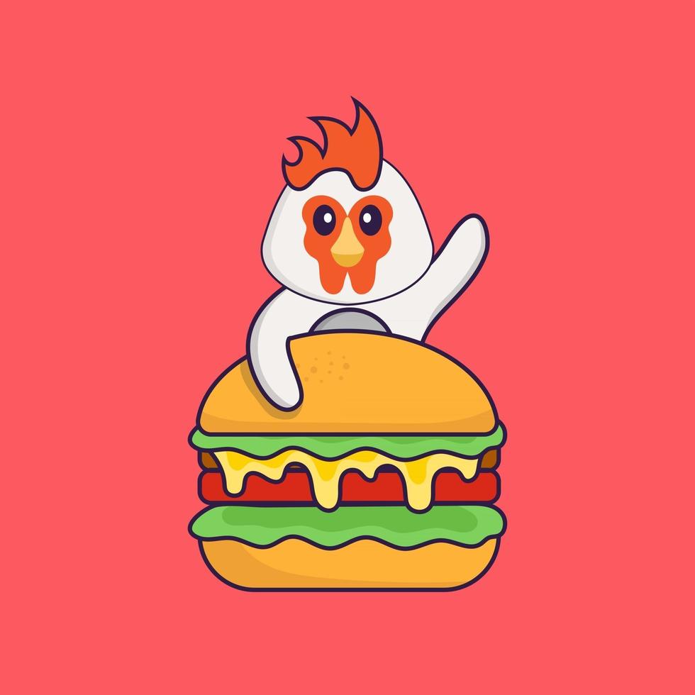 schattige kip die hamburger eet. dierlijk beeldverhaalconcept geïsoleerd. kan worden gebruikt voor t-shirt, wenskaart, uitnodigingskaart of mascotte. platte cartoonstijl vector