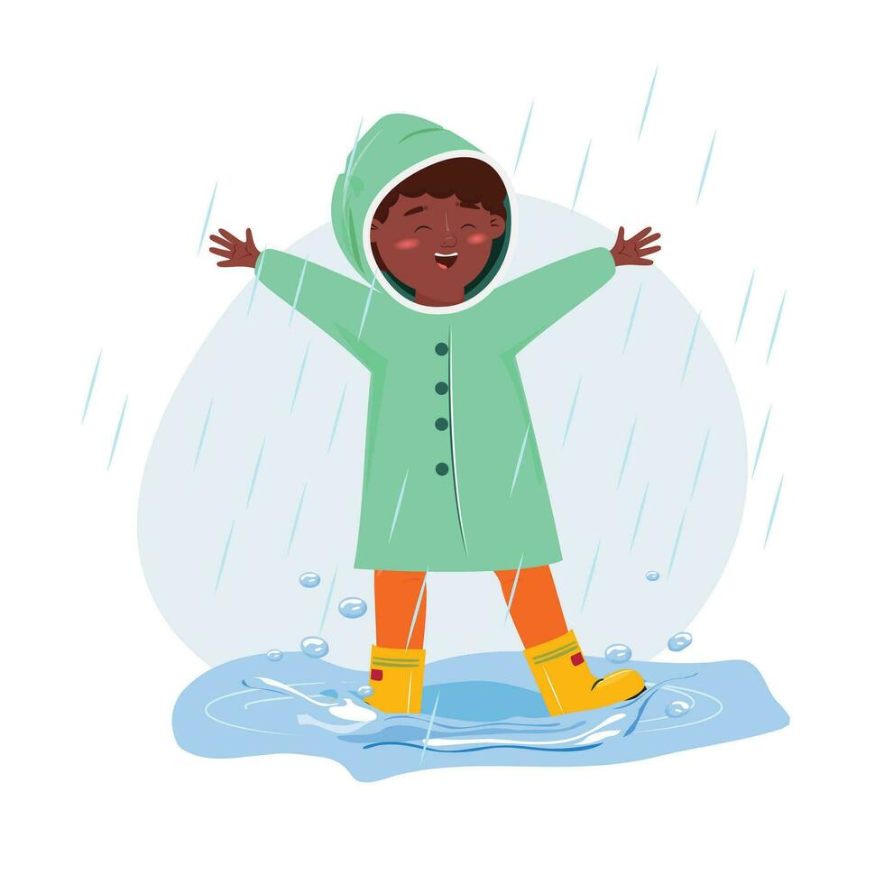 gelukkig zwart kind in de plas genieten van regenachtig weer vector