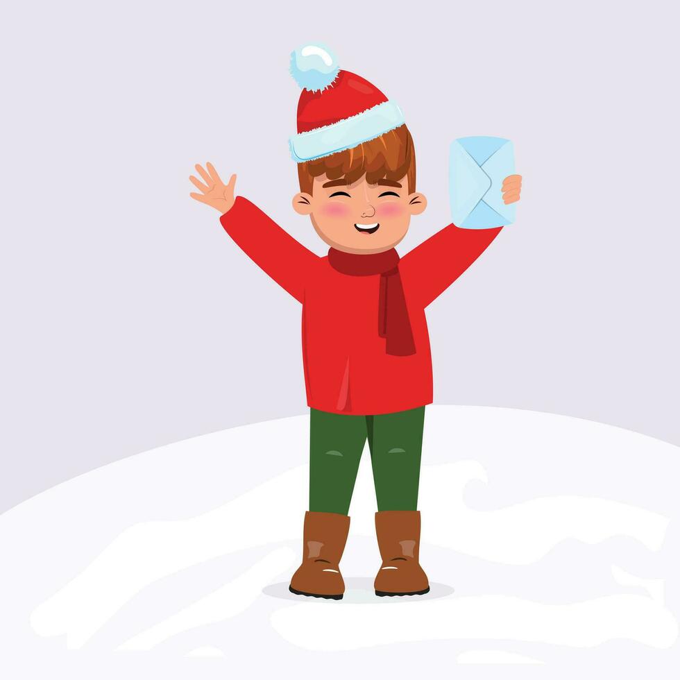 jongen vervelend een rood trui, hoed en sjaal opgewonden over Kerstmis en Bezig met verzenden brief naar de kerstman claus vector