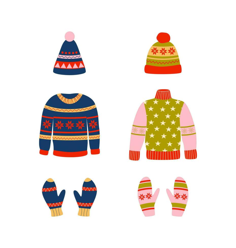 reeks van lelijk truien, sokken, wanten, hoeden. winter kleding. wollen kleding. knus seizoen. kerstmis, nieuw jaar. retro wijnoogst kleuren. vector