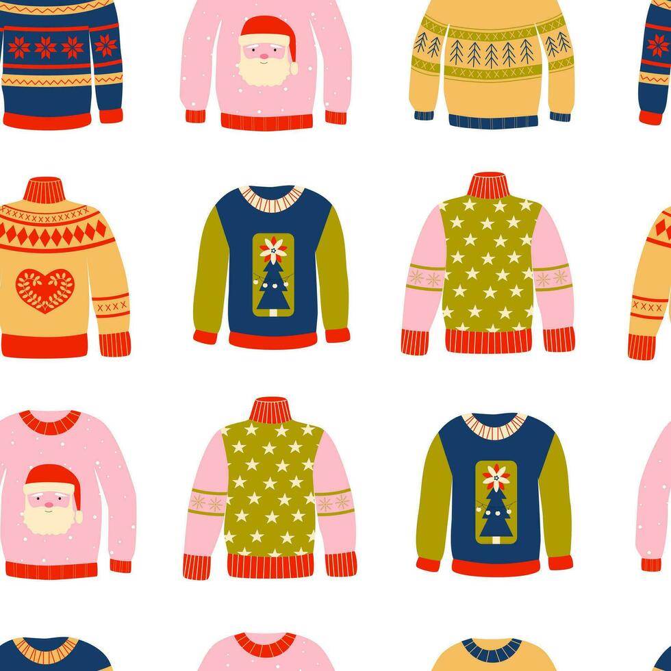 retro gestileerd lelijk papa truien naadloos patroon, achtergrond. gebreid winter trekkers. knus seizoen. kerstmis, nieuw jaar viering. retro wijnoogst kleuren. vector