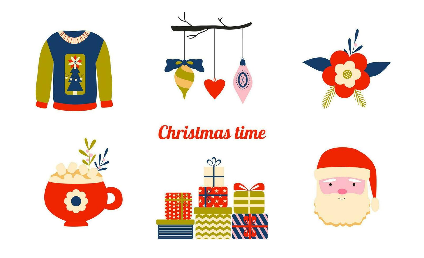 Kerstmis tijd set. Kerstmis boom decoraties, winter lelijk trui, de kerstman, feestelijk geschenk dozen, heet drankje. knus seizoen. retro wijnoogst gevoel. vector