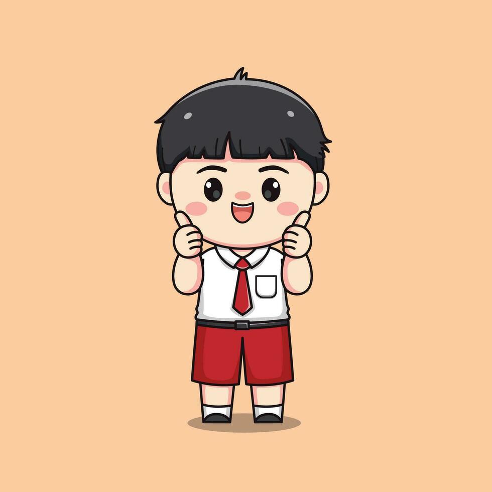 Indonesisch leerling elementair school- met duim omhoog schattig kawaii jongen karakter vector