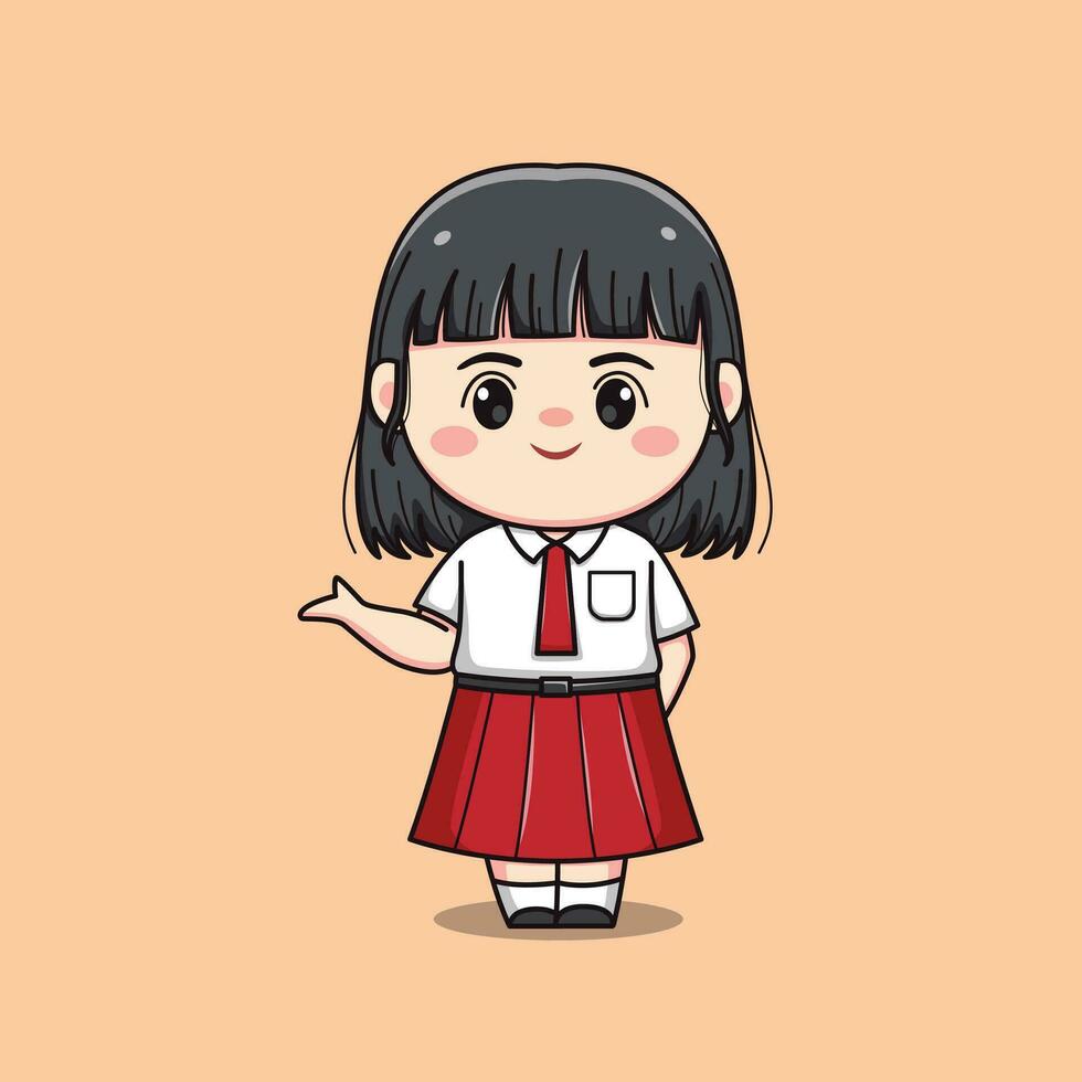 Indonesisch leerling elementair school- schattig kawaii meisje karakter vector