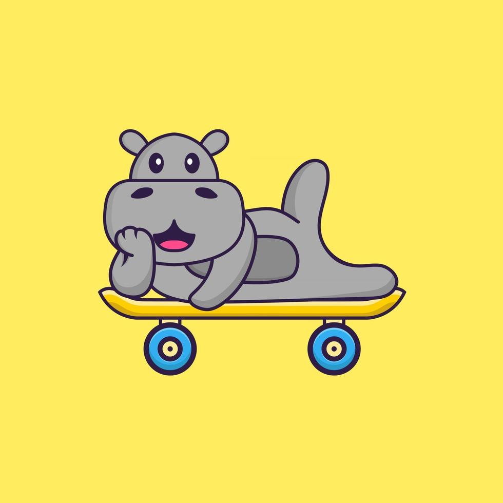 schattig nijlpaard liggend op een skateboard. dierlijk beeldverhaalconcept geïsoleerd. kan worden gebruikt voor t-shirt, wenskaart, uitnodigingskaart of mascotte. platte cartoonstijl vector