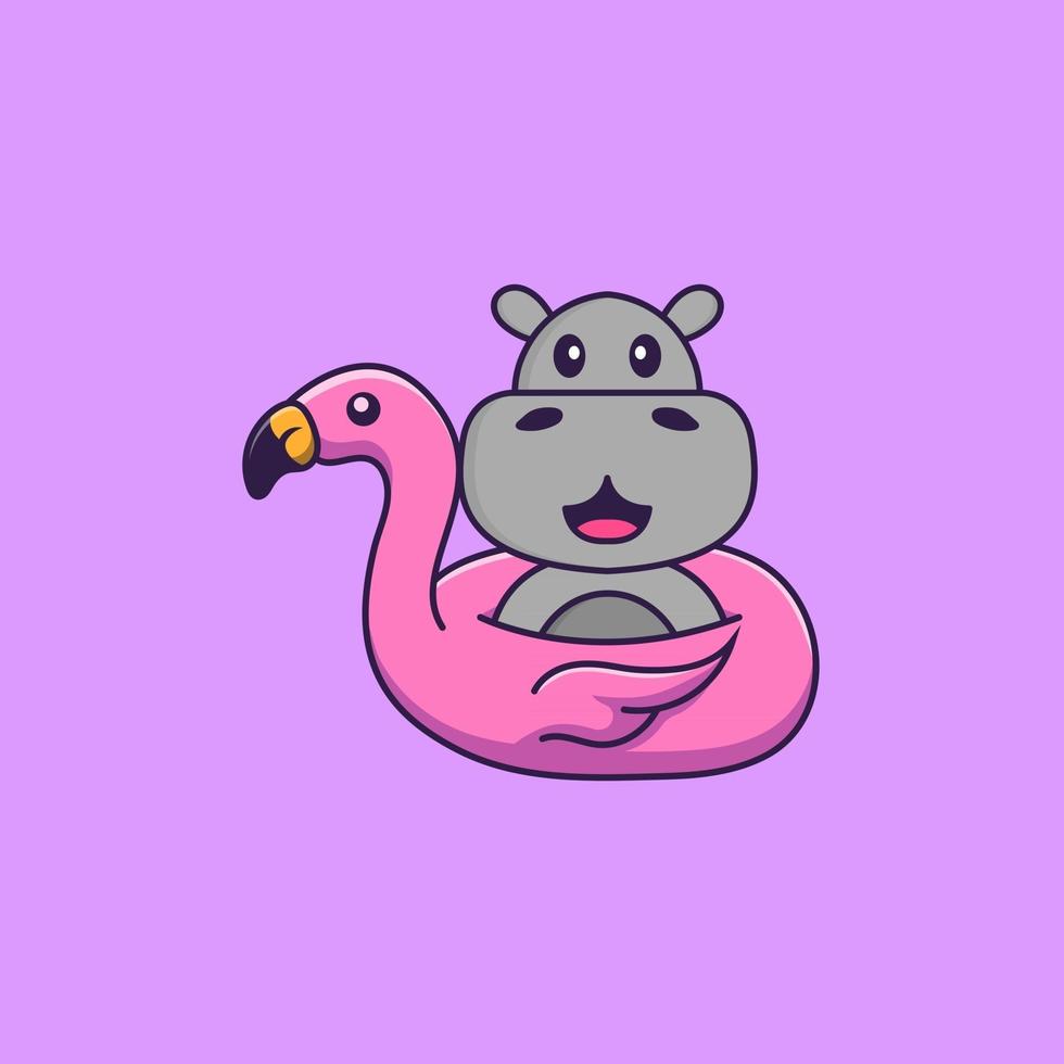 schattig nijlpaard met flamingo boei. dierlijk beeldverhaalconcept geïsoleerd. kan worden gebruikt voor t-shirt, wenskaart, uitnodigingskaart of mascotte. platte cartoonstijl vector