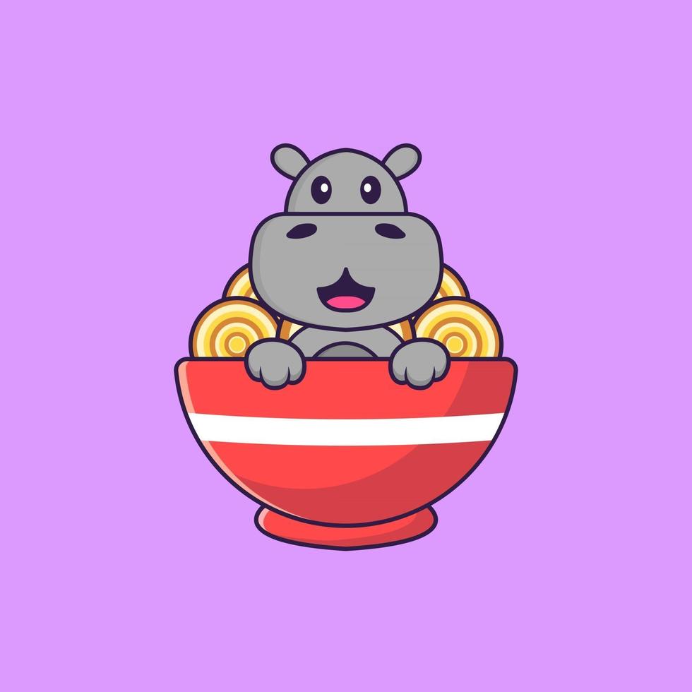 schattig nijlpaard dat ramen noedels eet. dierlijk beeldverhaalconcept geïsoleerd. kan worden gebruikt voor t-shirt, wenskaart, uitnodigingskaart of mascotte. platte cartoonstijl vector