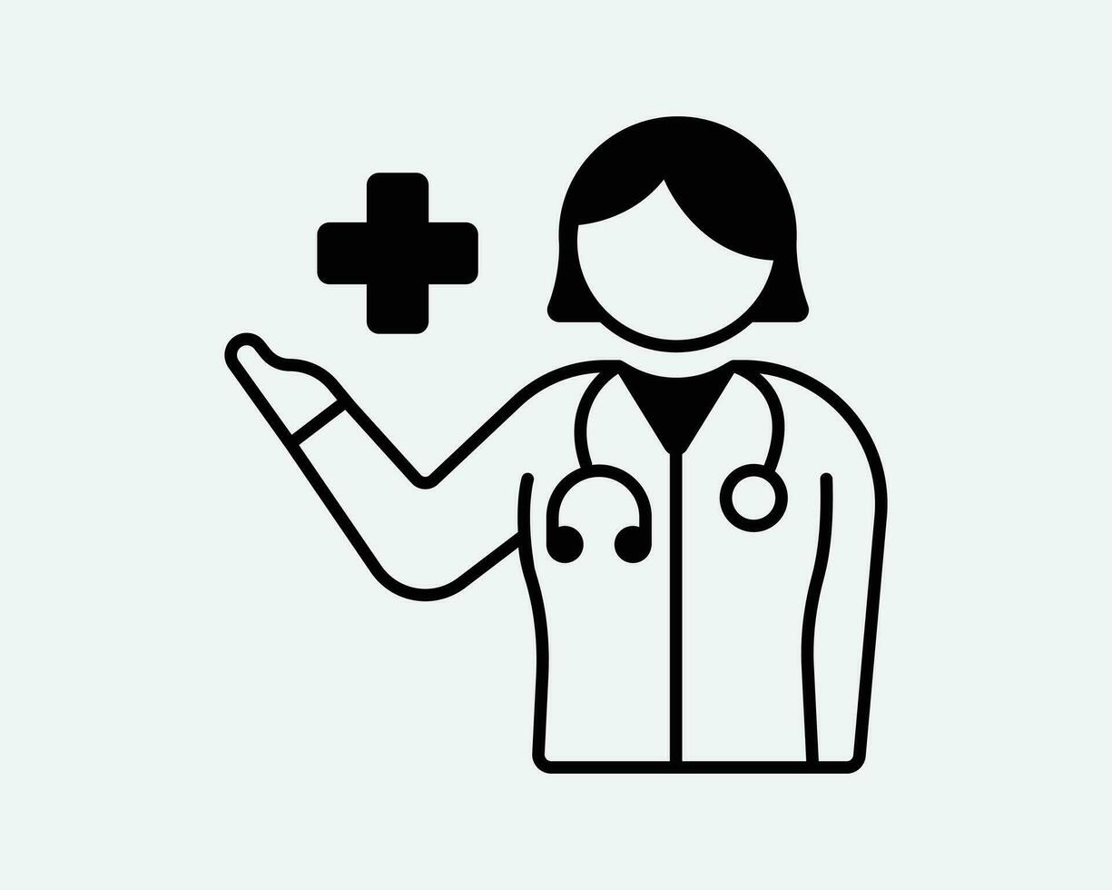 vrouw dokter icoon vrouw dame meisje verpleegster gezondheidszorg arbeider arts medisch medisch officier specialist zwart wit schets clip art vector teken symbool