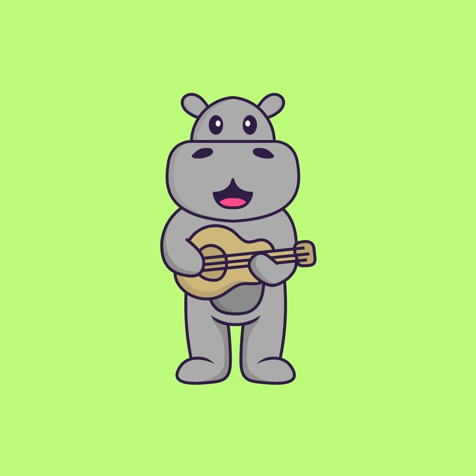 schattig nijlpaard gitaar spelen. dierlijk beeldverhaalconcept geïsoleerd. kan worden gebruikt voor t-shirt, wenskaart, uitnodigingskaart of mascotte. platte cartoonstijl vector