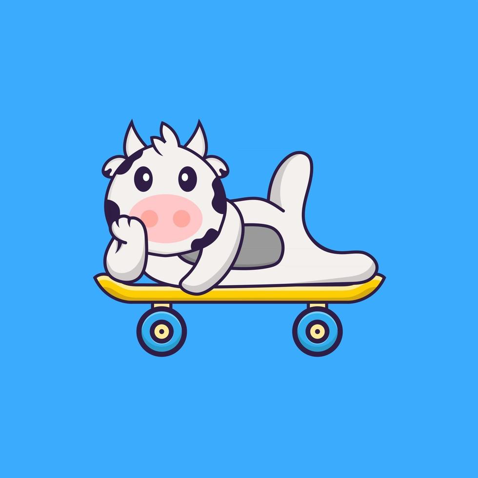 schattige koe liggend op een skateboard. dierlijk beeldverhaalconcept geïsoleerd. kan worden gebruikt voor t-shirt, wenskaart, uitnodigingskaart of mascotte. platte cartoonstijl vector