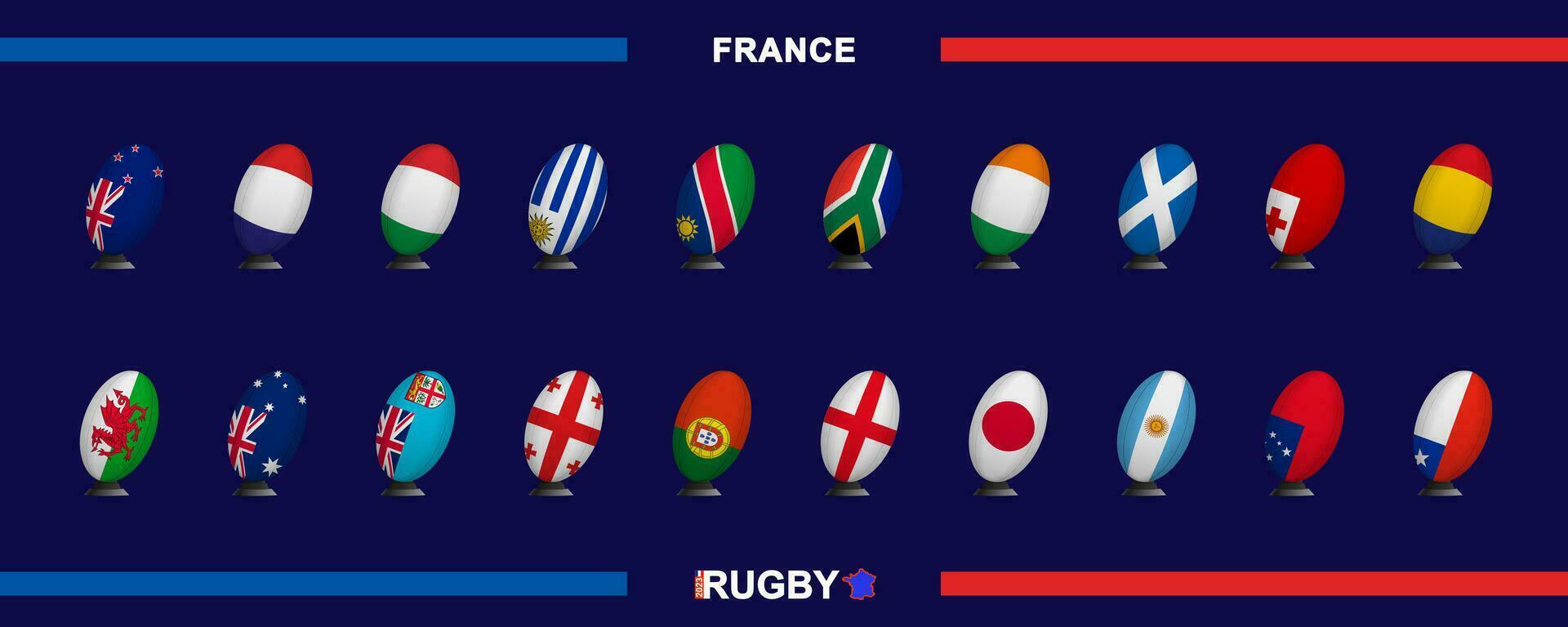 verzameling van vlaggen in rugby bal stijl Aan trap staan van de landen deelnemen in rugby 2023. rugby bal vlag verzameling. vector