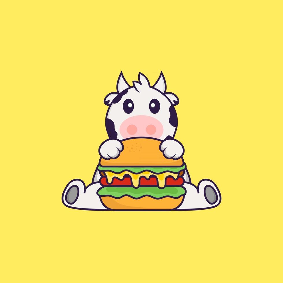 schattige koe die hamburger eet. dierlijk beeldverhaalconcept geïsoleerd. kan worden gebruikt voor t-shirt, wenskaart, uitnodigingskaart of mascotte. platte cartoonstijl vector