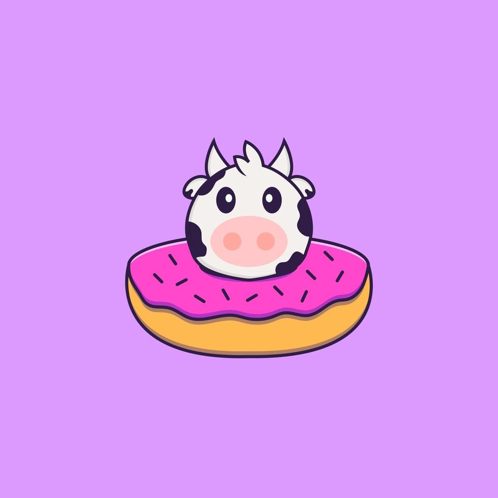 schattige koe met een donut op zijn nek. dierlijk beeldverhaalconcept geïsoleerd. kan worden gebruikt voor t-shirt, wenskaart, uitnodigingskaart of mascotte. platte cartoonstijl vector
