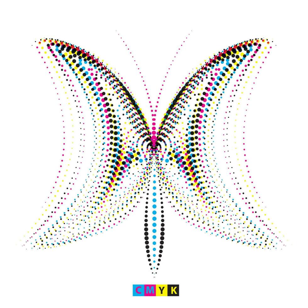 printa vlinder gemaakt van cmyk gekleurde lijnen halftone punt effect, een wit en zwart lijn tekening van een brief s een reeks van vier verschillend abstract vormen icoon met halftone punt effect vector