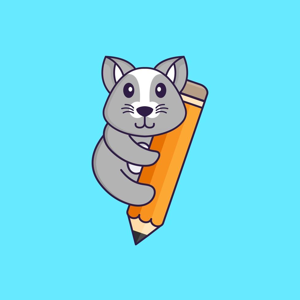 schattige rat met een potlood. dierlijk beeldverhaalconcept geïsoleerd. kan worden gebruikt voor t-shirt, wenskaart, uitnodigingskaart of mascotte. platte cartoonstijl vector