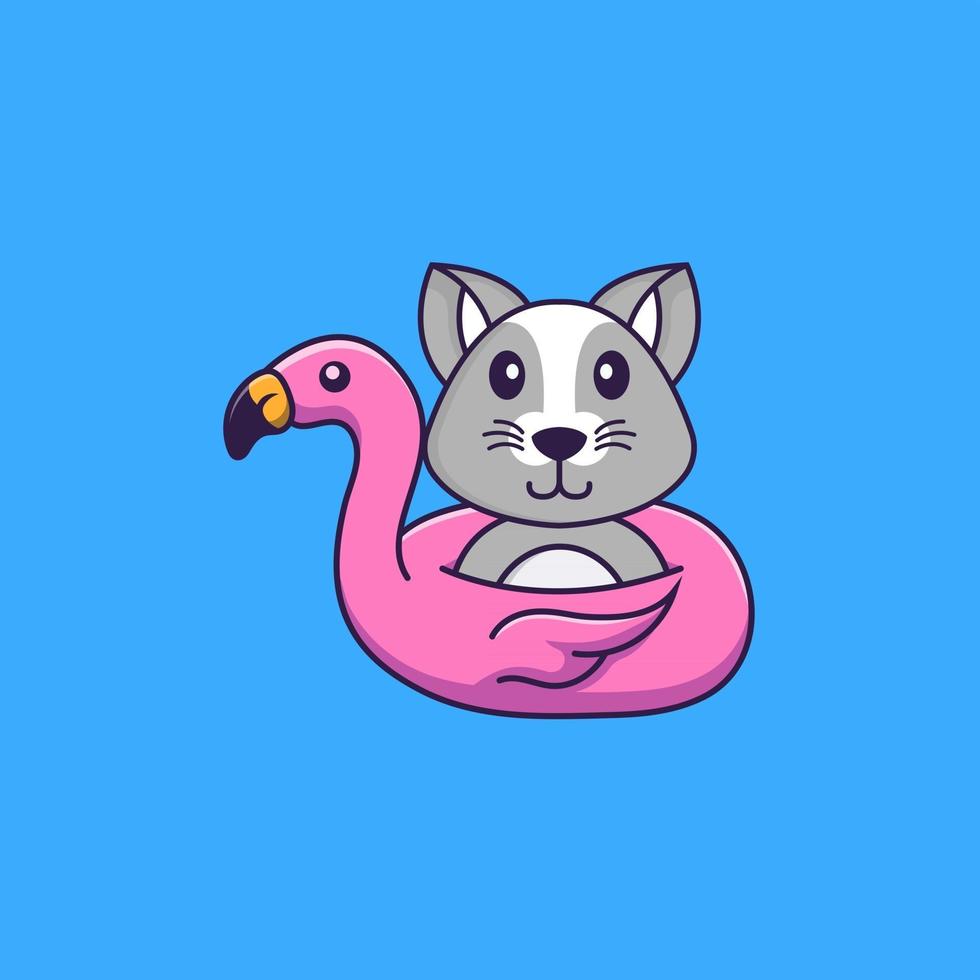 schattige rat met flamingo boei. dierlijk beeldverhaalconcept geïsoleerd. kan worden gebruikt voor t-shirt, wenskaart, uitnodigingskaart of mascotte. platte cartoonstijl vector