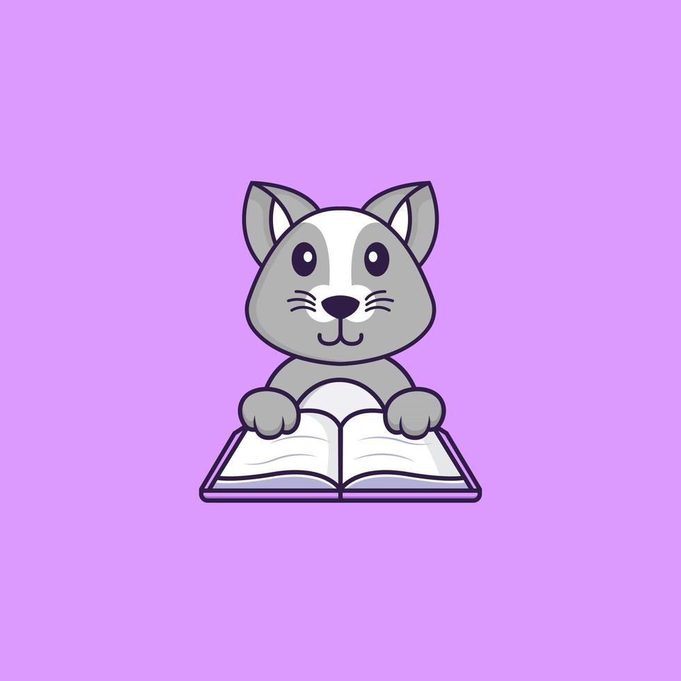 schattige rat die een boek leest. dierlijk beeldverhaalconcept geïsoleerd. kan worden gebruikt voor t-shirt, wenskaart, uitnodigingskaart of mascotte. platte cartoonstijl vector