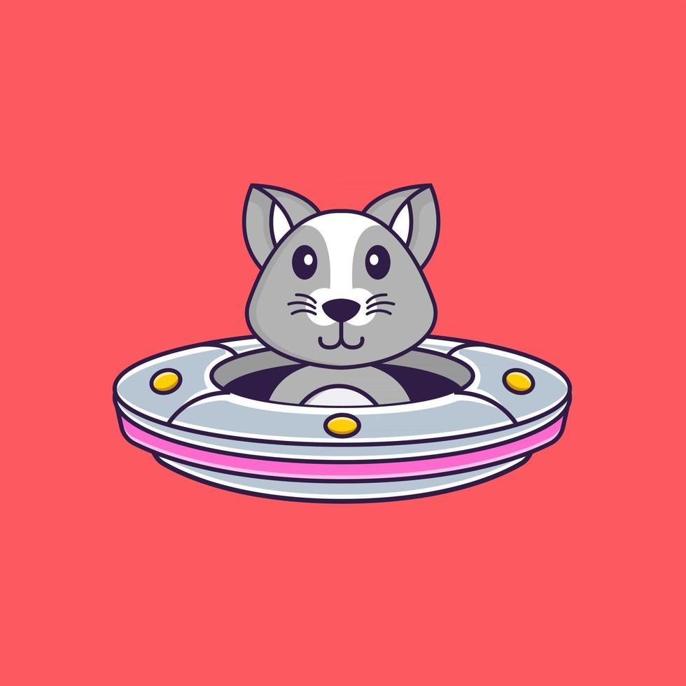 schattige rat rijden ruimteschip ufo. dierlijk beeldverhaalconcept geïsoleerd. kan worden gebruikt voor t-shirt, wenskaart, uitnodigingskaart of mascotte. platte cartoonstijl vector