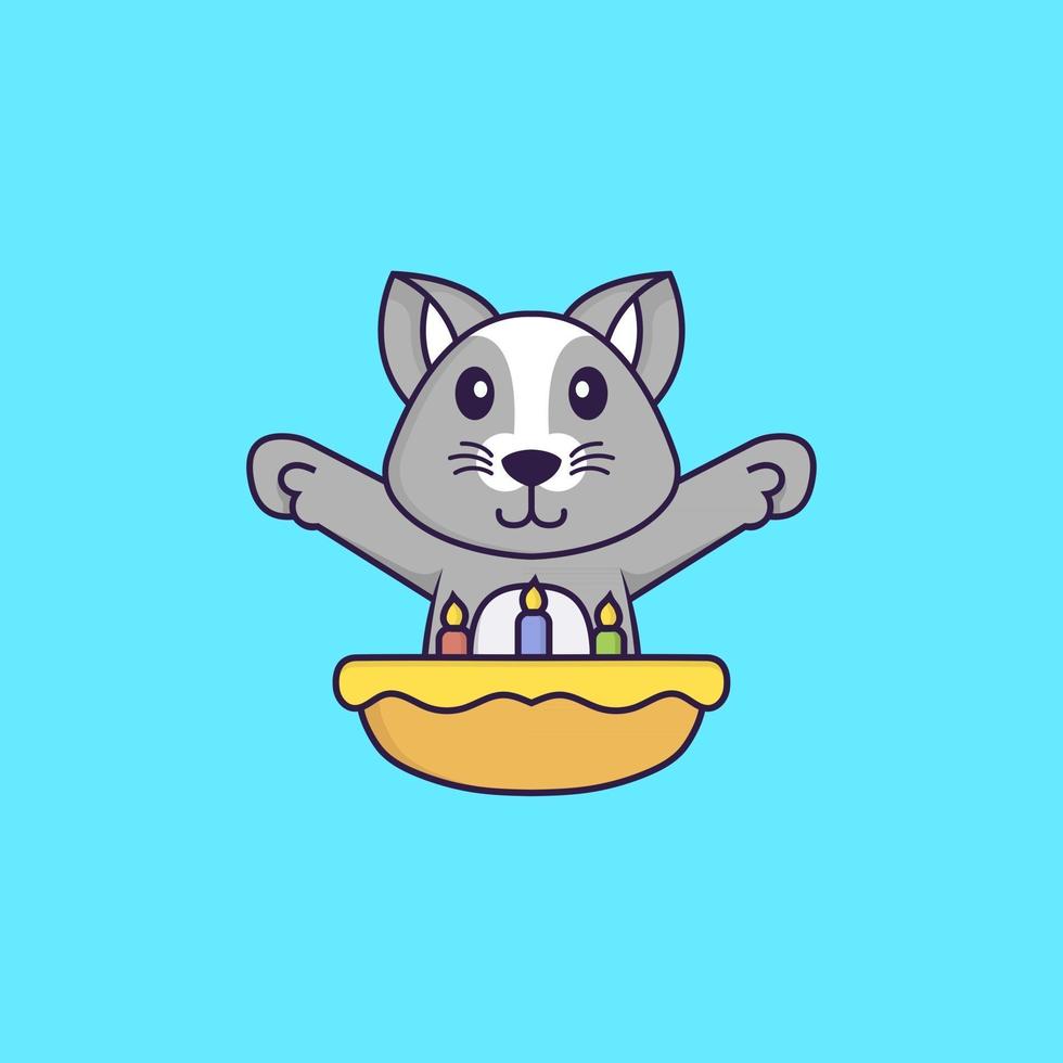 schattige rat met verjaardagstaart. dierlijk beeldverhaalconcept geïsoleerd. kan worden gebruikt voor t-shirt, wenskaart, uitnodigingskaart of mascotte. platte cartoonstijl vector