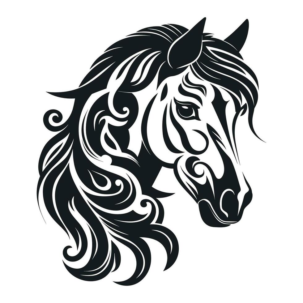 zwart en wit silhouet van een paard hoofd met een swirly manen. gemakkelijk vector illustratie, geïsoleerd, concept van een logo, tatoeëren, of een stuk van kunst.