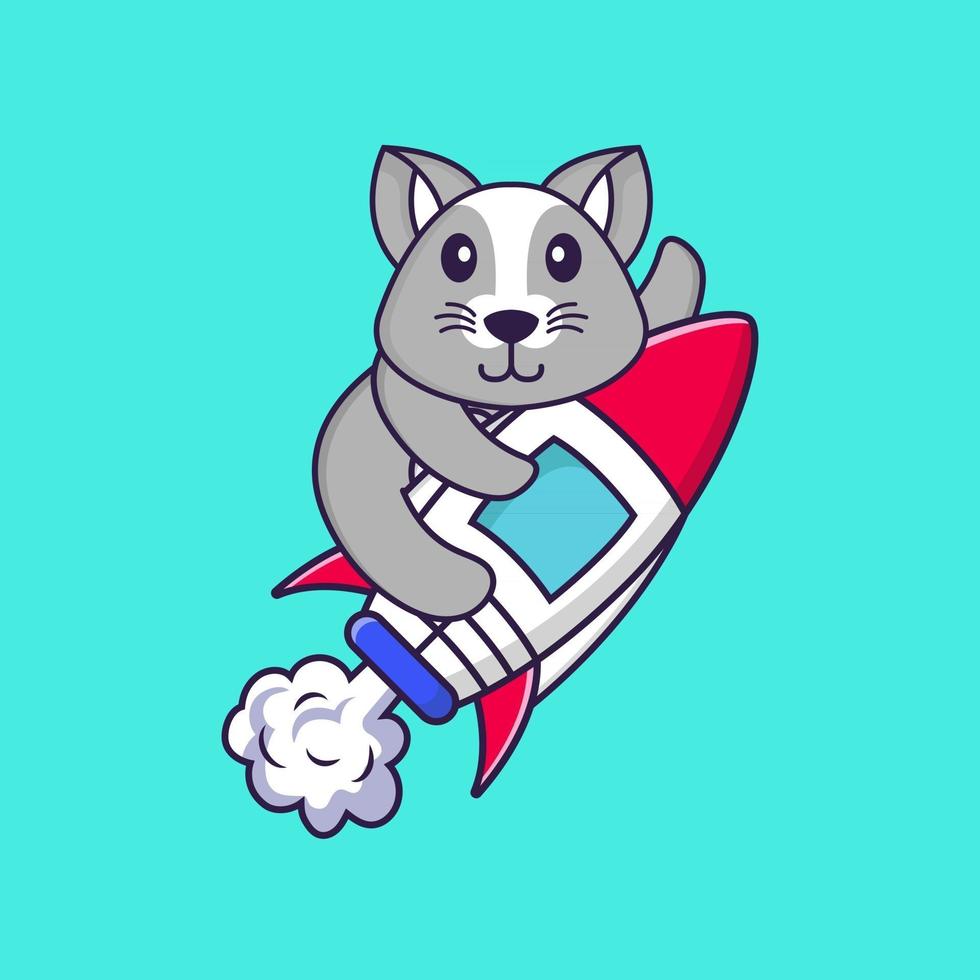 schattige rat die op raket vliegt. dierlijk beeldverhaalconcept geïsoleerd. kan worden gebruikt voor t-shirt, wenskaart, uitnodigingskaart of mascotte. platte cartoonstijl vector