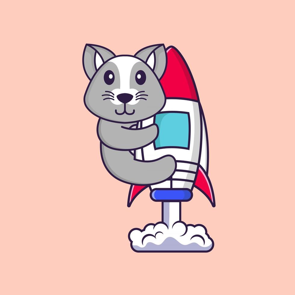 schattige rat die op raket vliegt. dierlijk beeldverhaalconcept geïsoleerd. kan worden gebruikt voor t-shirt, wenskaart, uitnodigingskaart of mascotte. platte cartoonstijl vector