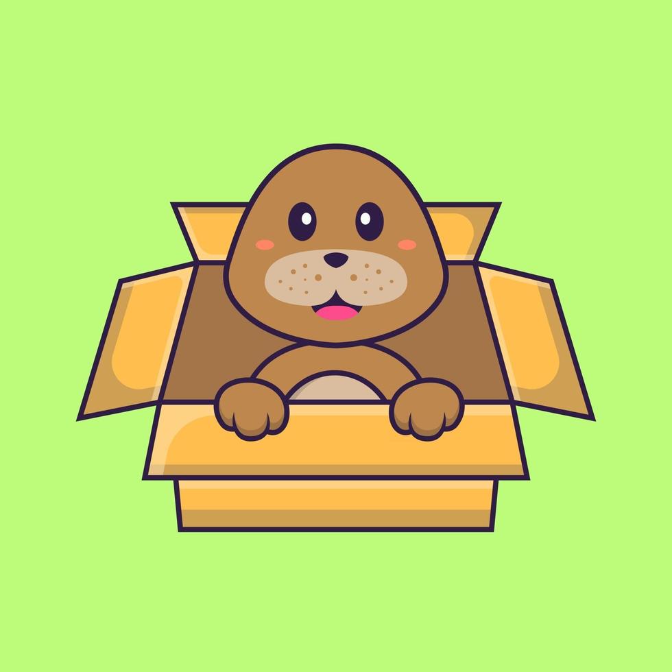 schattige hond spelen in doos. dierlijk beeldverhaalconcept geïsoleerd. kan worden gebruikt voor t-shirt, wenskaart, uitnodigingskaart of mascotte. platte cartoonstijl vector