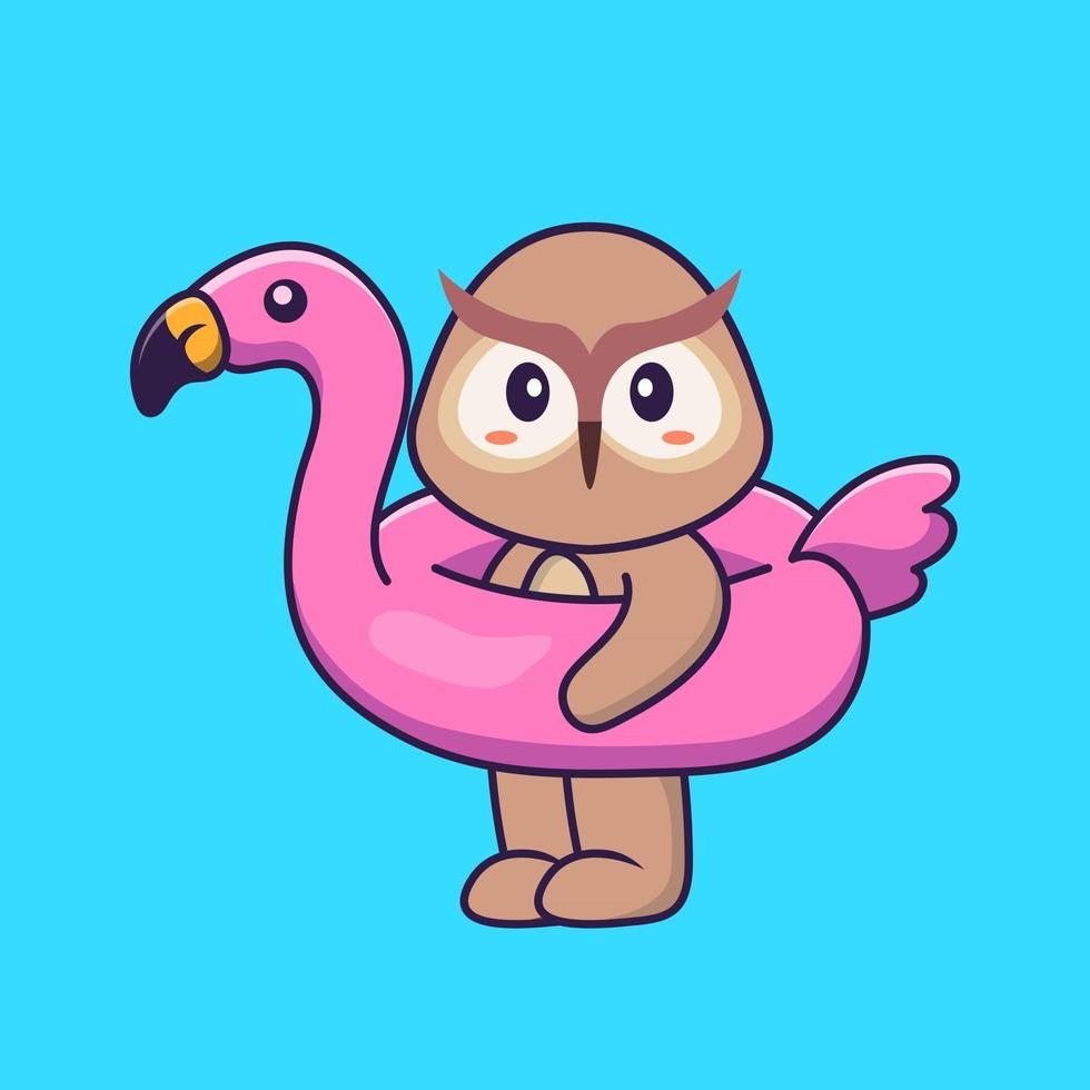 leuke uil met flamingoboei. dierlijk beeldverhaalconcept geïsoleerd. kan worden gebruikt voor t-shirt, wenskaart, uitnodigingskaart of mascotte. platte cartoonstijl vector