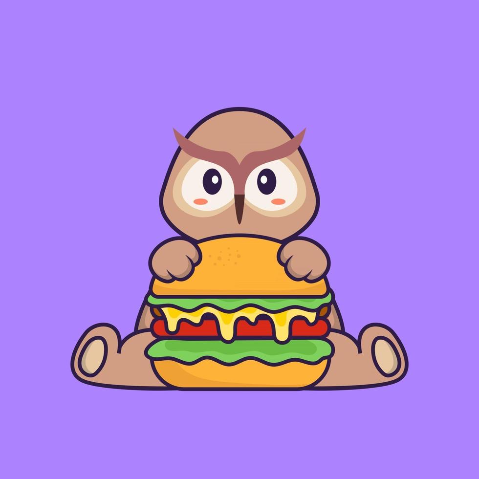 schattige uil die hamburger eet. dierlijk beeldverhaalconcept geïsoleerd. kan worden gebruikt voor t-shirt, wenskaart, uitnodigingskaart of mascotte. platte cartoonstijl vector