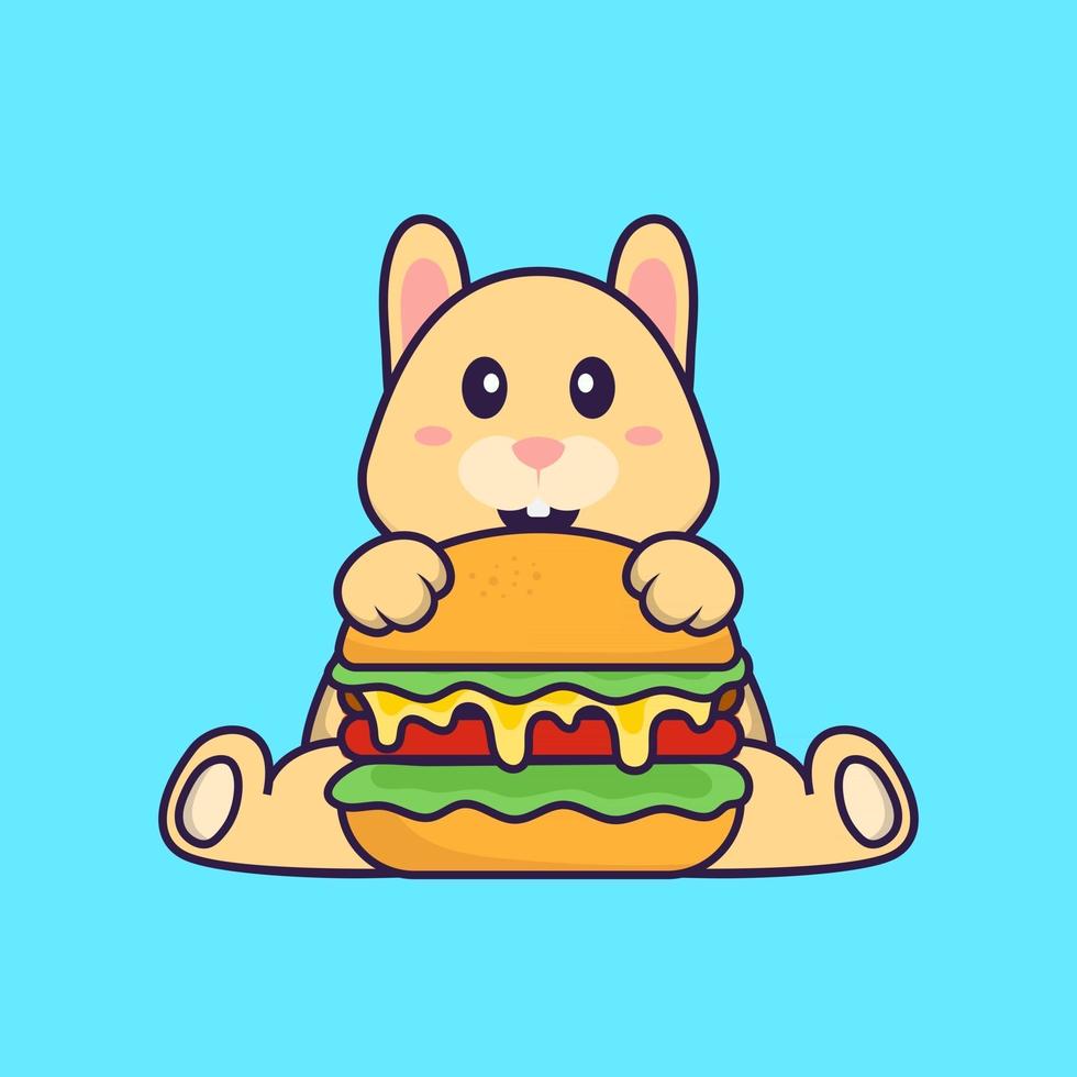 schattig konijn dat hamburger eet. dierlijk beeldverhaalconcept geïsoleerd. kan worden gebruikt voor t-shirt, wenskaart, uitnodigingskaart of mascotte. platte cartoonstijl vector