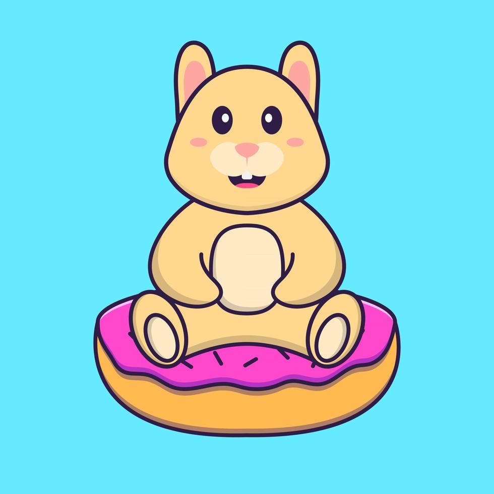 schattig konijn zit op donuts. dierlijk beeldverhaalconcept geïsoleerd. kan worden gebruikt voor t-shirt, wenskaart, uitnodigingskaart of mascotte. platte cartoonstijl vector