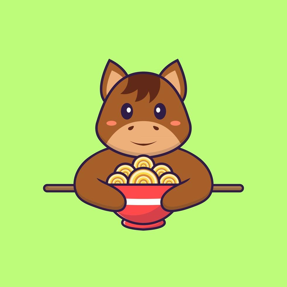 schattig paard dat ramen noedels eet. dierlijk beeldverhaalconcept geïsoleerd. kan worden gebruikt voor t-shirt, wenskaart, uitnodigingskaart of mascotte. platte cartoonstijl vector