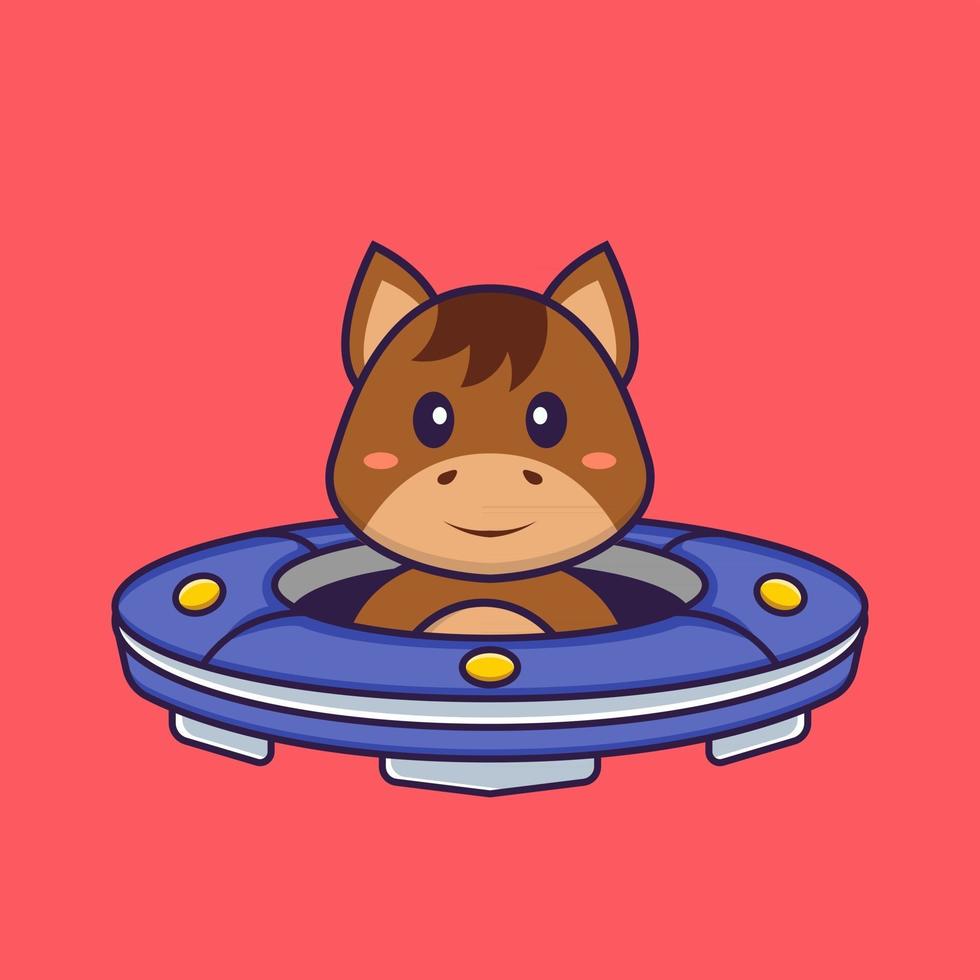 schattig paard rijden ruimteschip ufo. dierlijk beeldverhaalconcept geïsoleerd. kan worden gebruikt voor t-shirt, wenskaart, uitnodigingskaart of mascotte. platte cartoonstijl vector