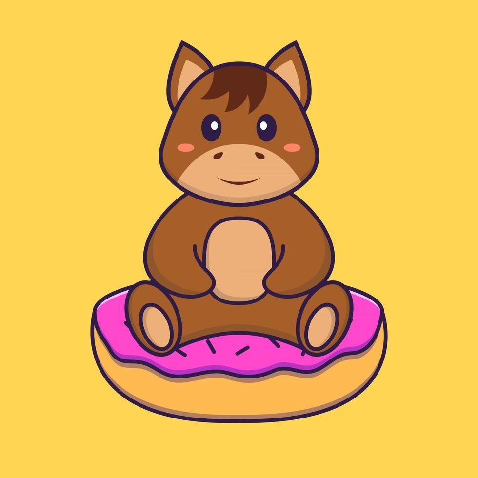 schattig paard zit op donuts. dierlijk beeldverhaalconcept geïsoleerd. kan worden gebruikt voor t-shirt, wenskaart, uitnodigingskaart of mascotte. platte cartoonstijl vector