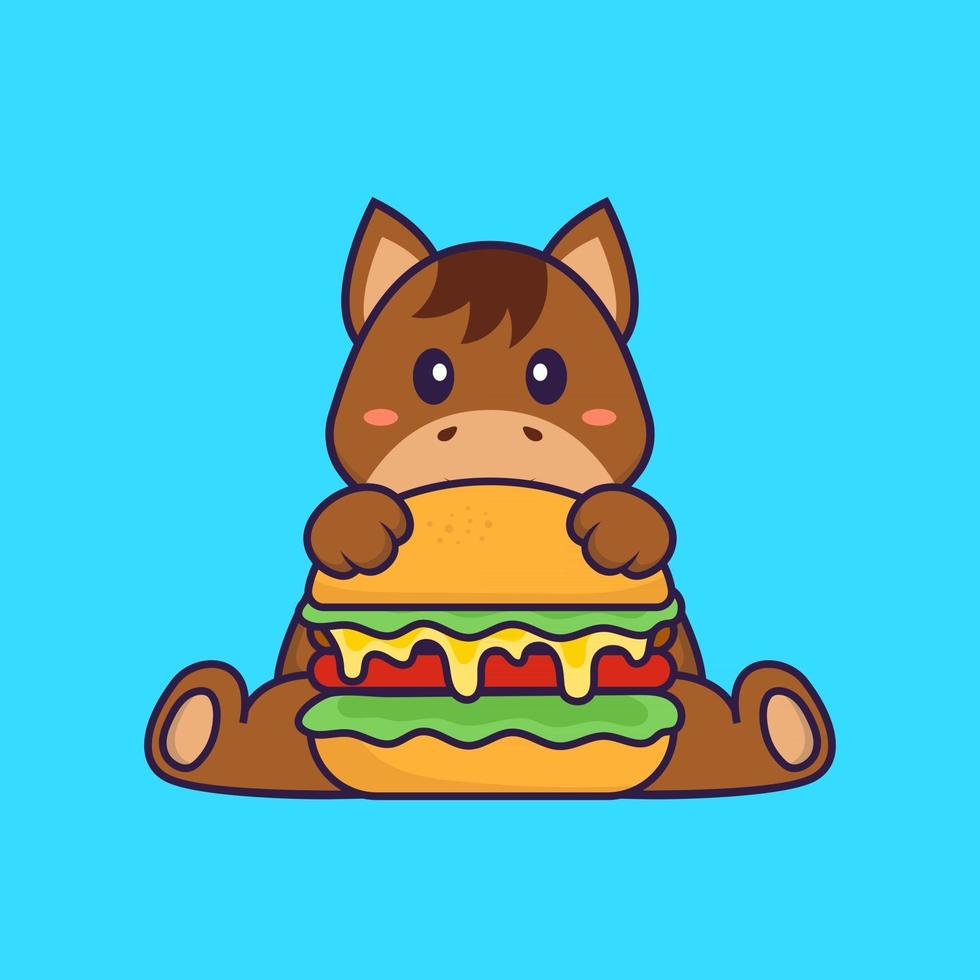 schattig paard dat hamburger eet. dierlijk beeldverhaalconcept geïsoleerd. kan worden gebruikt voor t-shirt, wenskaart, uitnodigingskaart of mascotte. platte cartoonstijl vector