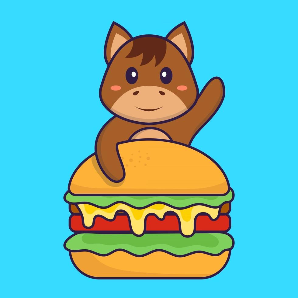 schattig paard dat hamburger eet. dierlijk beeldverhaalconcept geïsoleerd. kan worden gebruikt voor t-shirt, wenskaart, uitnodigingskaart of mascotte. platte cartoonstijl vector