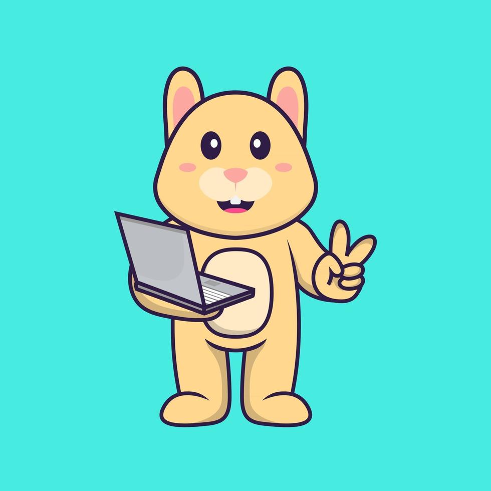 schattig konijn met laptop. dierlijk beeldverhaalconcept geïsoleerd. kan worden gebruikt voor t-shirt, wenskaart, uitnodigingskaart of mascotte. platte cartoonstijl vector