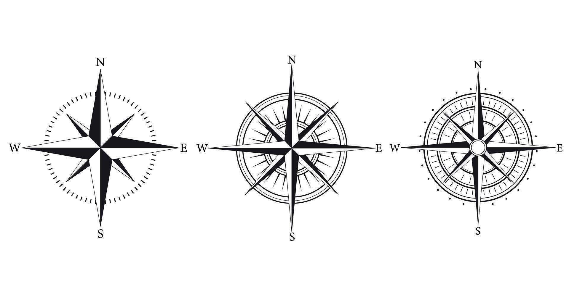 kompas pictogrammen set. kompas roos teken. wind roos symbool. nautische wind roos icoon. wijnoogst kompas. kompassen voor reizen kaart. navigatie pijl symbolen. vector illustratie