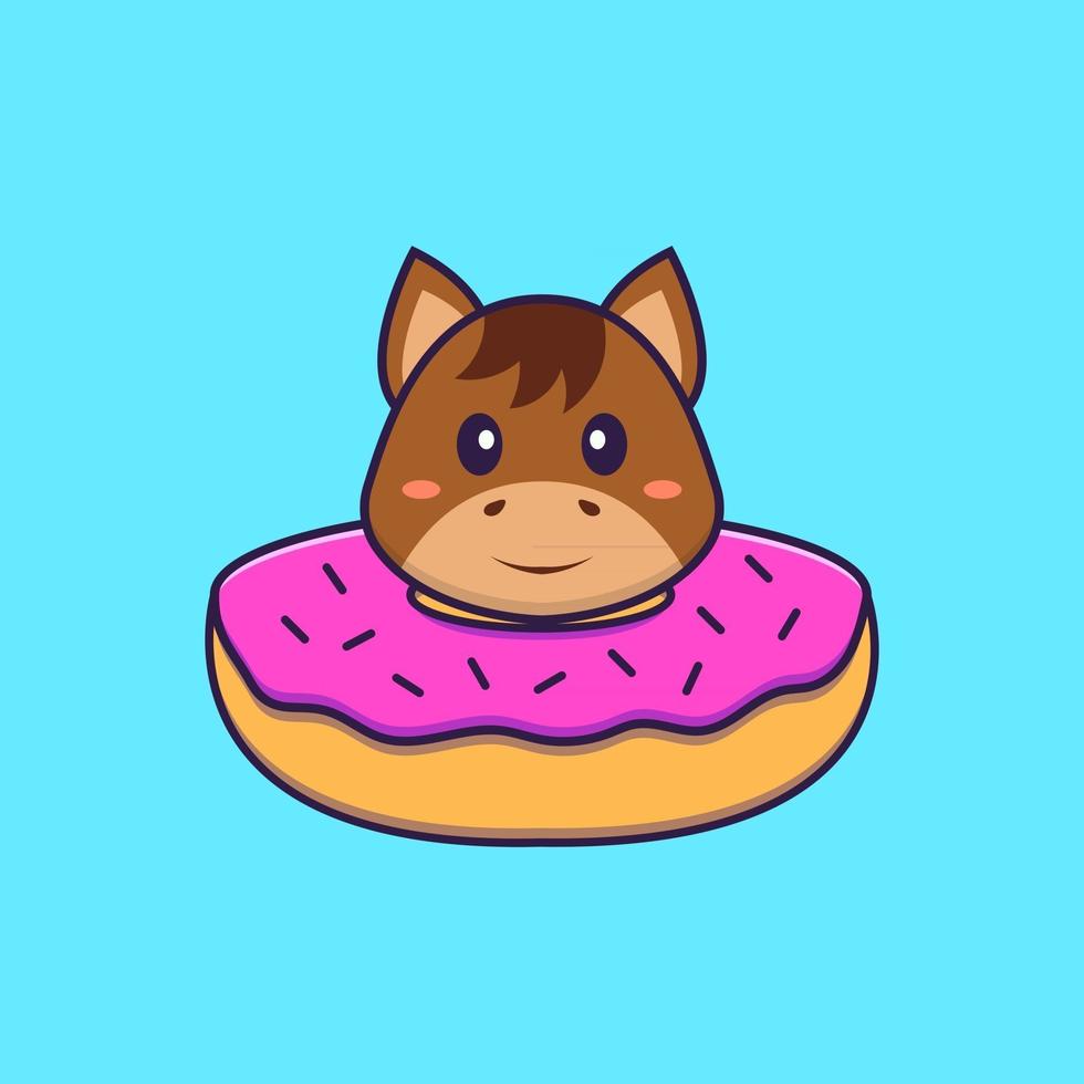 schattig paard met een donut op zijn nek. dierlijk beeldverhaalconcept geïsoleerd. kan worden gebruikt voor t-shirt, wenskaart, uitnodigingskaart of mascotte. platte cartoonstijl vector