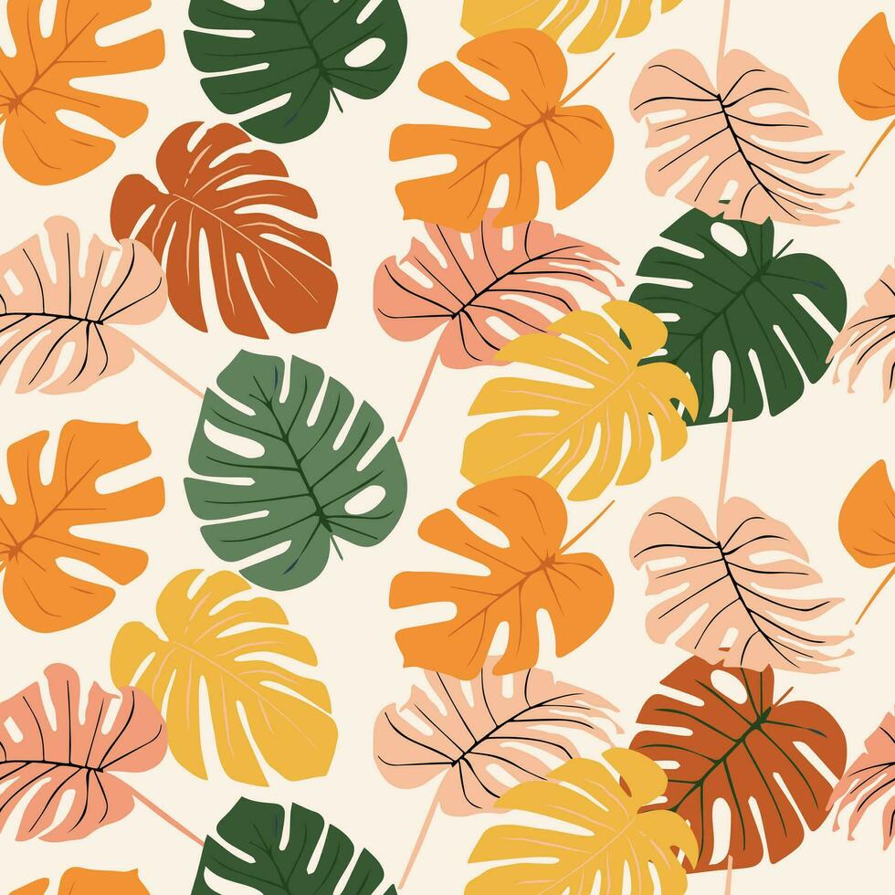 monstera blad naadloos patroon, hand- getrokken tropisch botanisch, voorjaar en zomer tijd, groen stijl, natuurlijk ornamenten voor textiel, kleding stof, behang, achtergrond. vector